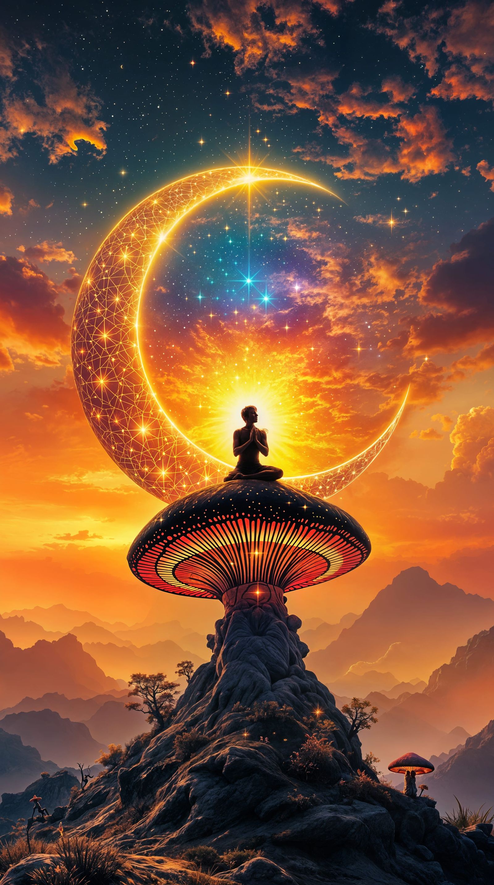 Psychedelic Mushroom Landscape with Kneeling Silhouette in S...