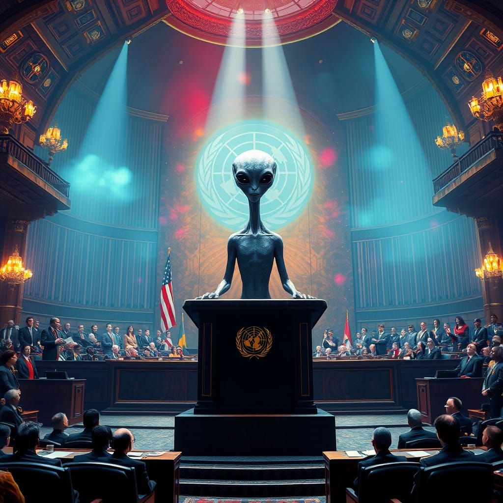 Grey Alien Diplomat Addresses United Nations Council
