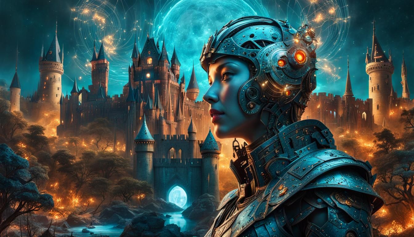 Medieval castle and  Sci-fi humanoid cyborg