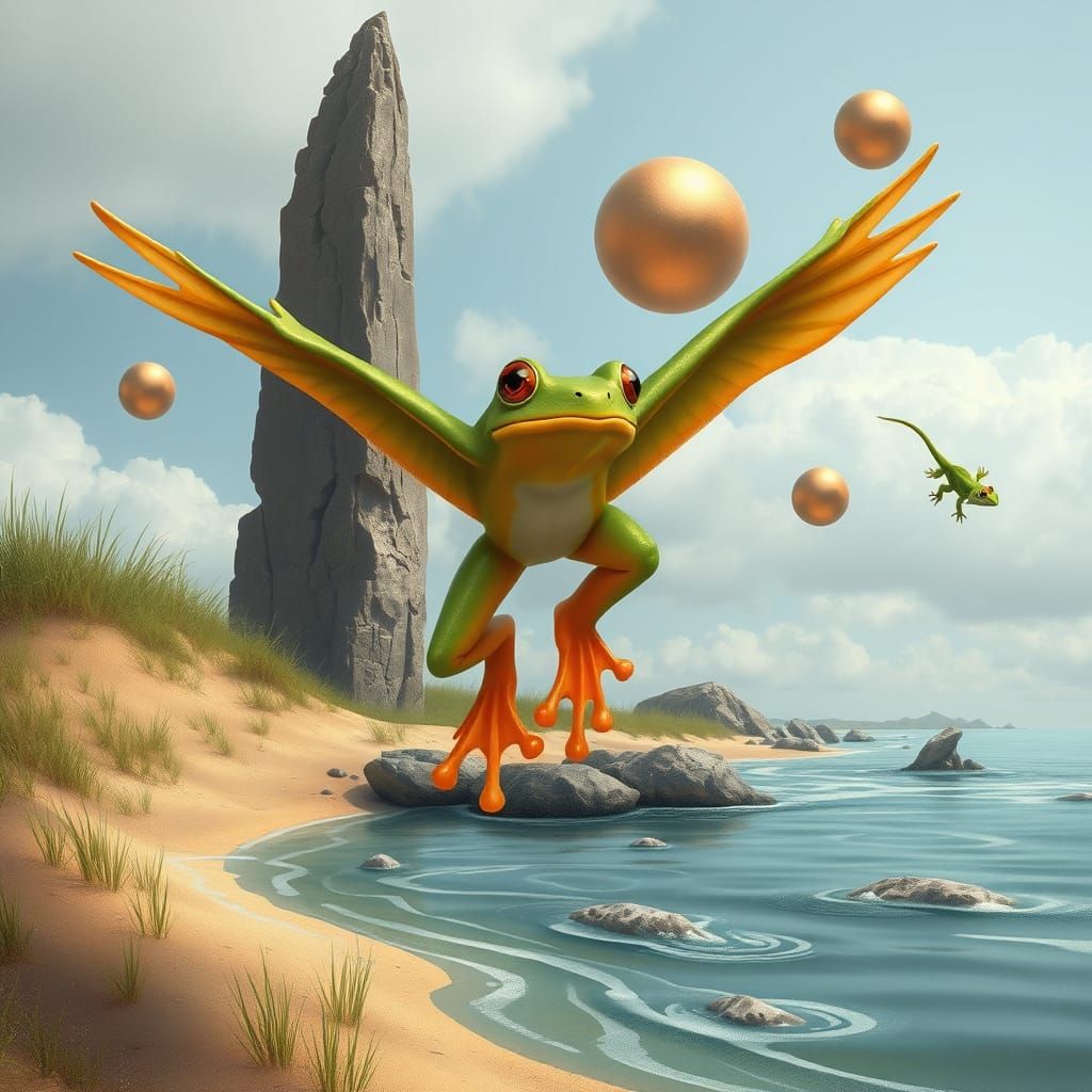 Flying Frog with Rose-Gold Spheres, Dreamlike Art
