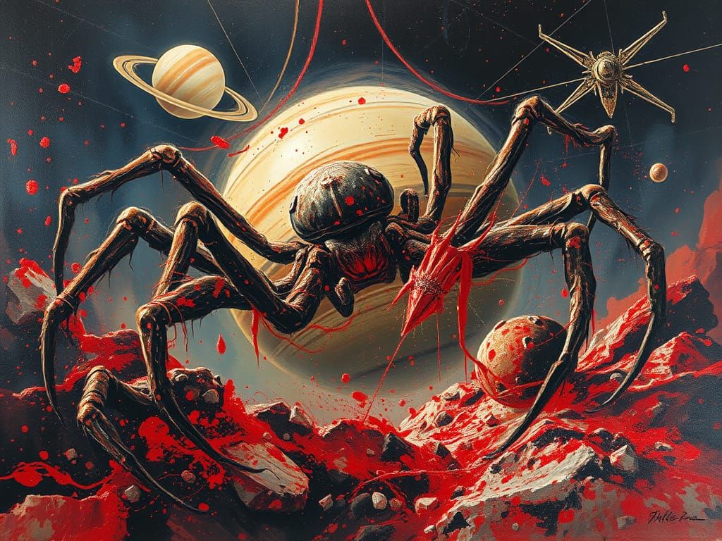 Giant Spiders Attack Saturn in Giger Beksinski Style
