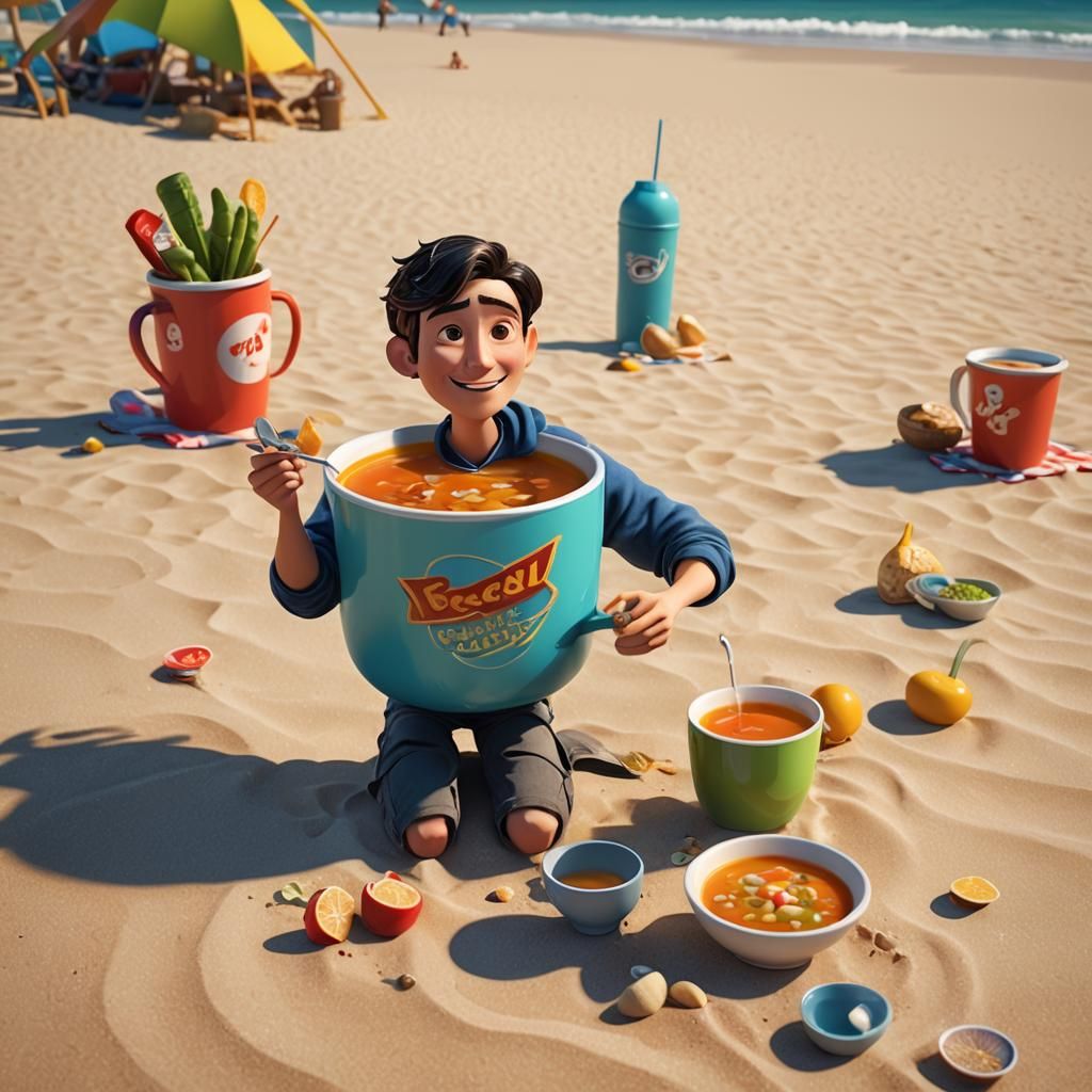 Teenager Enjoys Soup on Sunny Beach: 3D Digital Art