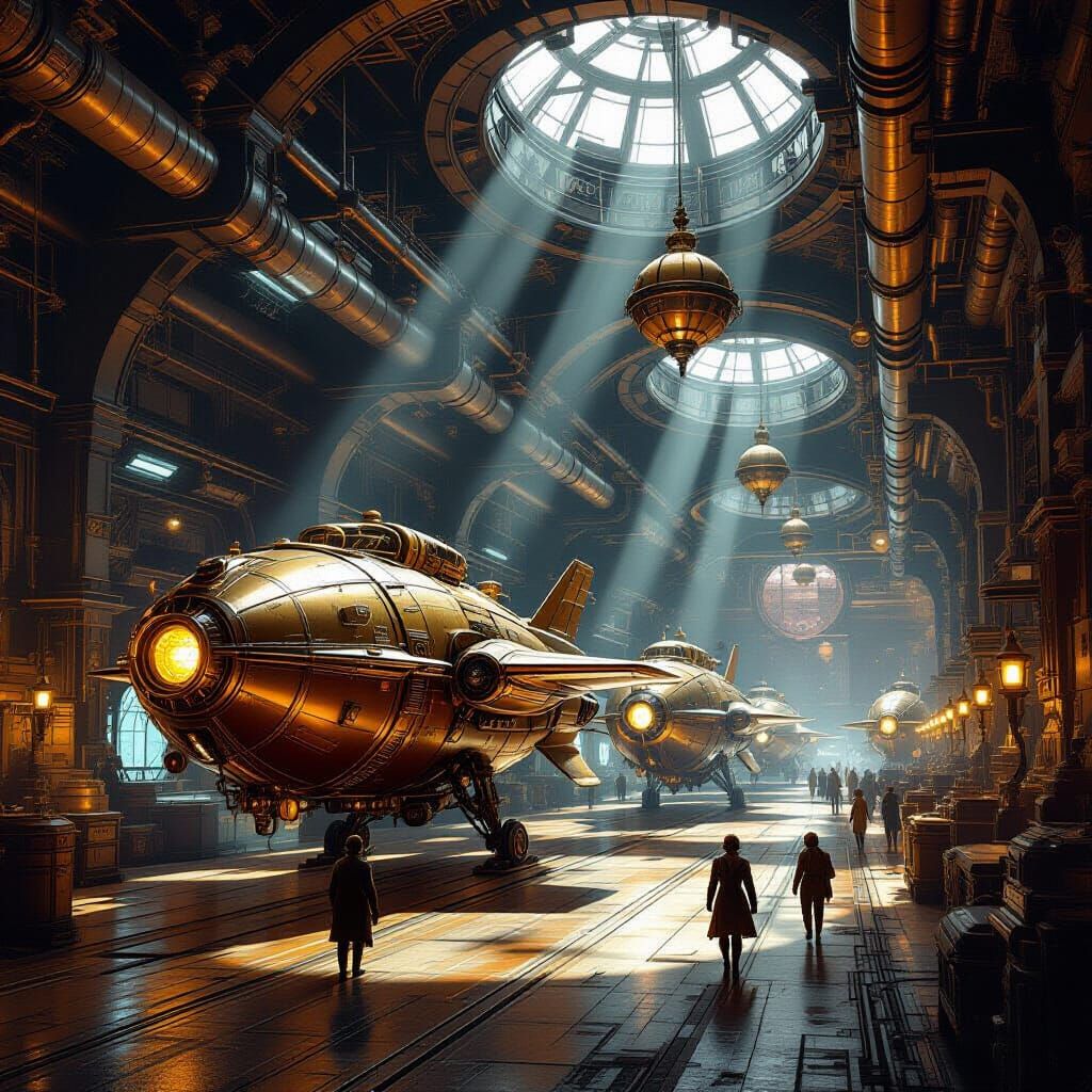 Steampunk Spaceship Hangar Deck with Robots and Fighter Craf...