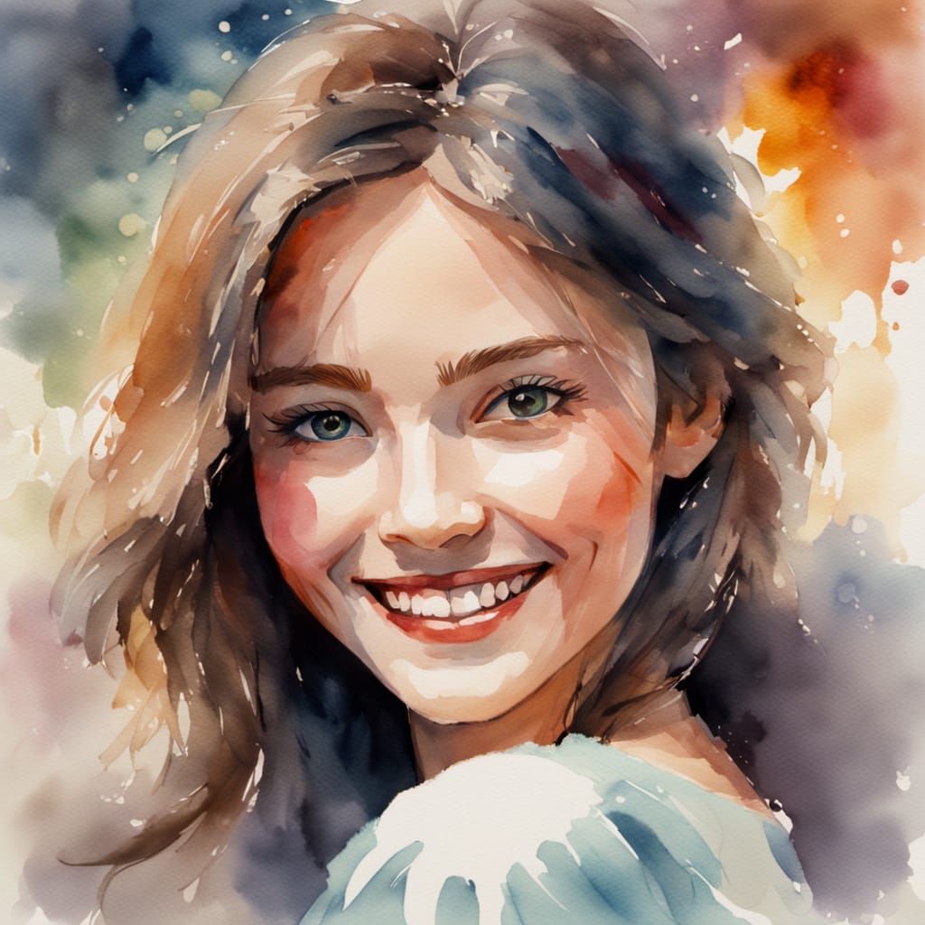 Dreamy Watercolor Portrait of a Smiling Woman