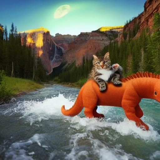 Kitten Rides Dinosaur Through Canyon