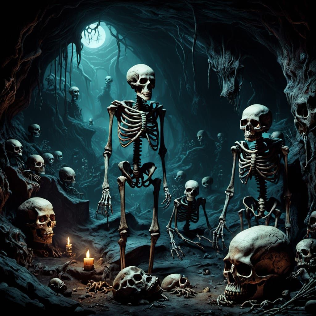 Dark Fantasy Skeletons in Mystical Cave Art