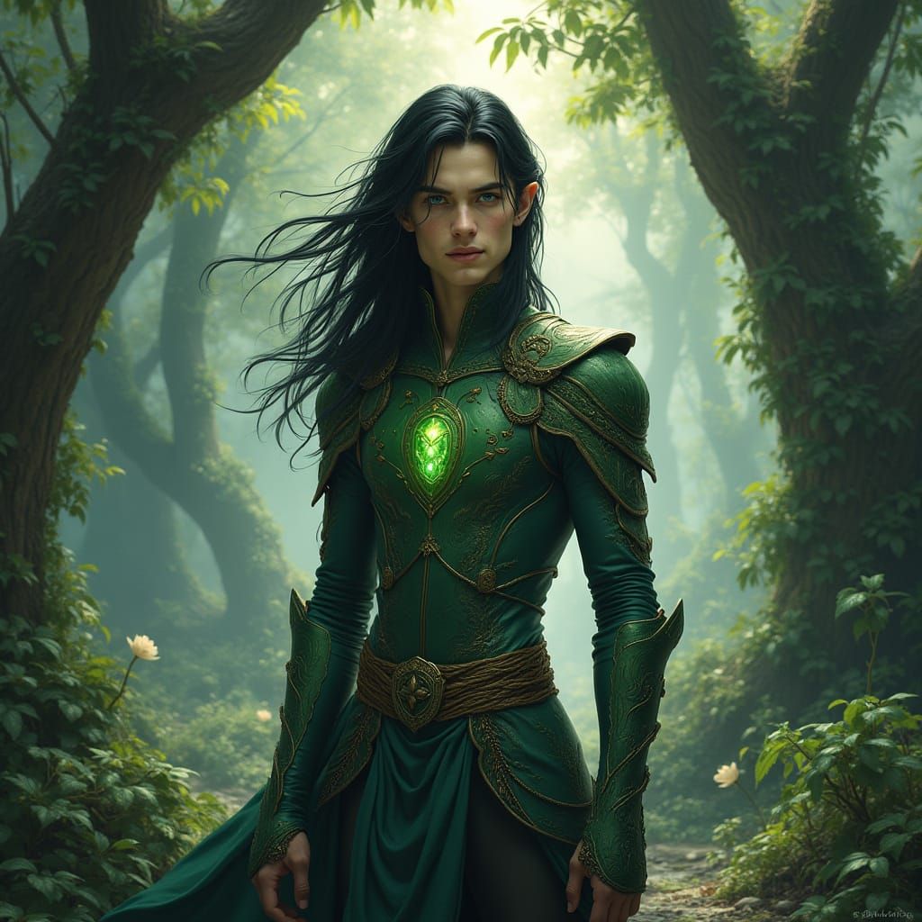 Androgynous Elf in Forest Grove, Art Nouveau Style