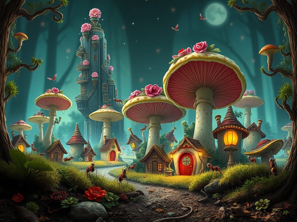 Whimsical Mushroom Cityscape in Surrealistic Digital Art