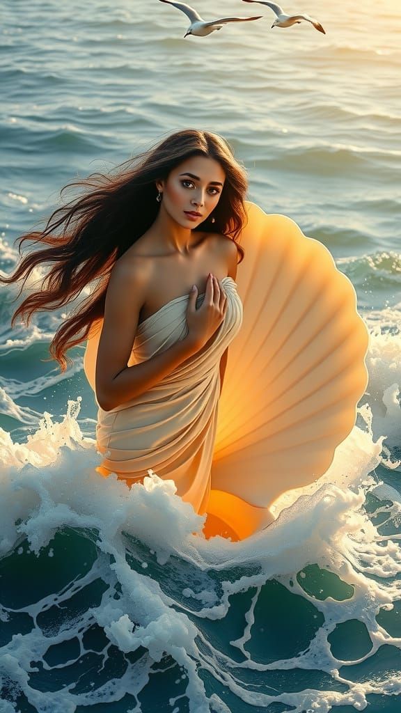 Goddess of Beauty Emerges from the Ocean in Golden Light