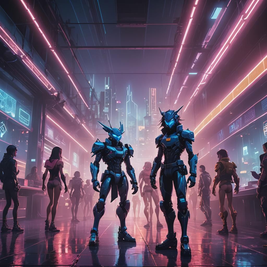 Cyberpunk Digimon Dancers in Futuristic Nightclub