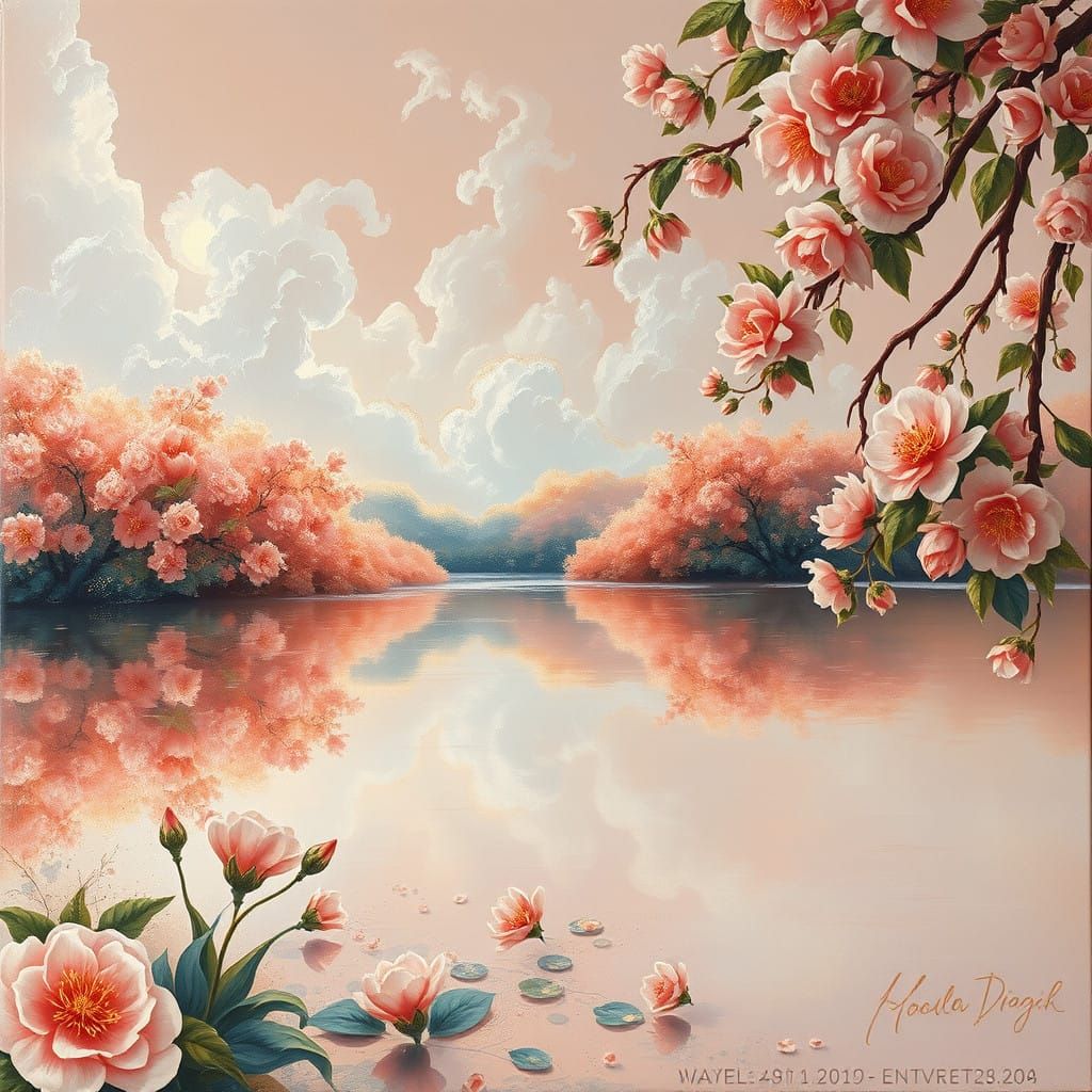 Ethereal Impasto Painting of a Peach-Hued Lake Scene with Fl...