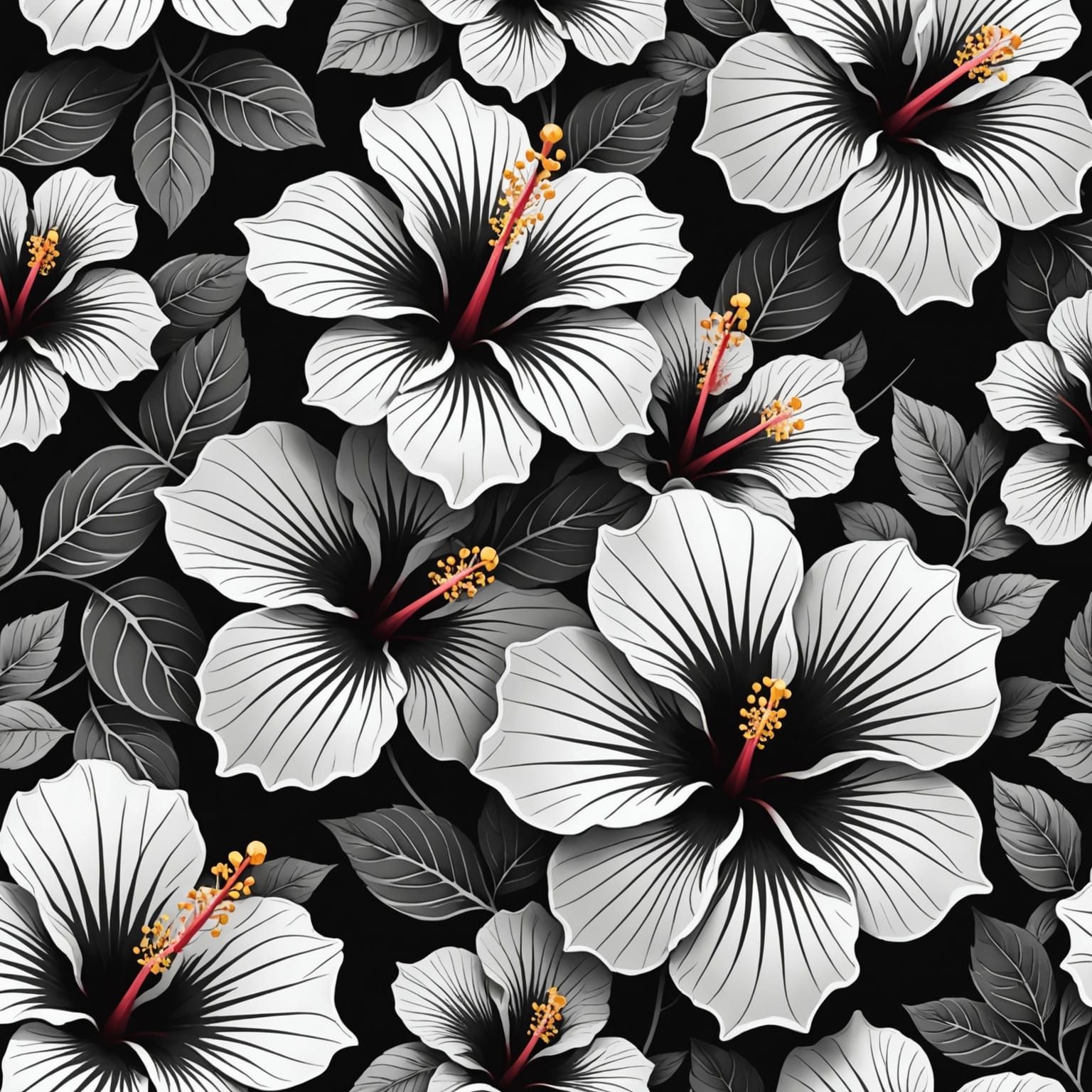 Tessellated Hibiscus in Black and White, with Vibrant Color ...