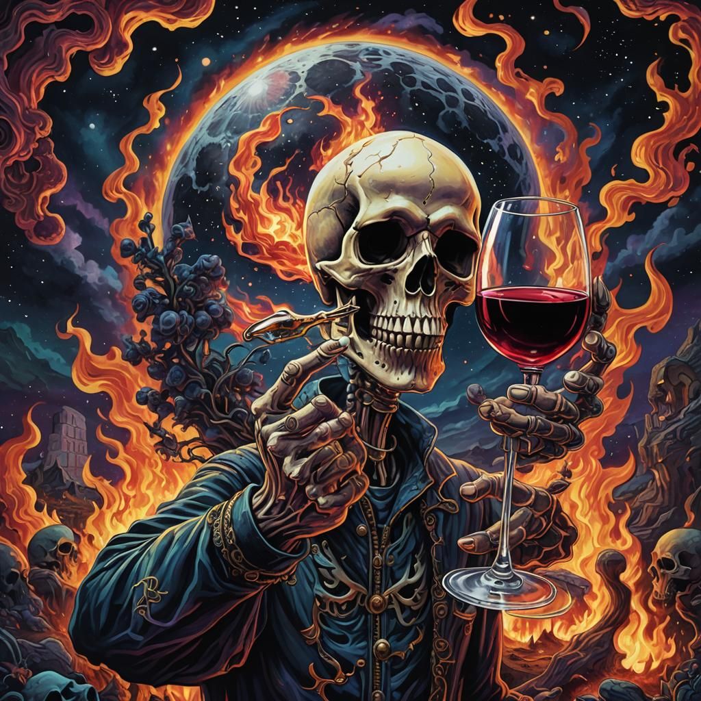 Skull with Wine Glass in Surreal Cosmic Scene