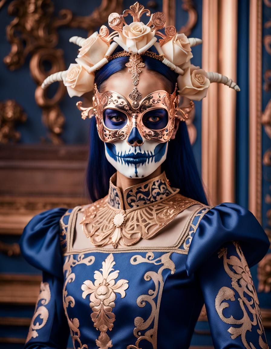 Woman in Skull Mask with Rose Gold and Indigo