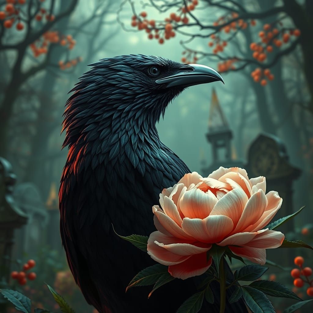 Majestic Raven Amidst Cemetery in Triadic Colors