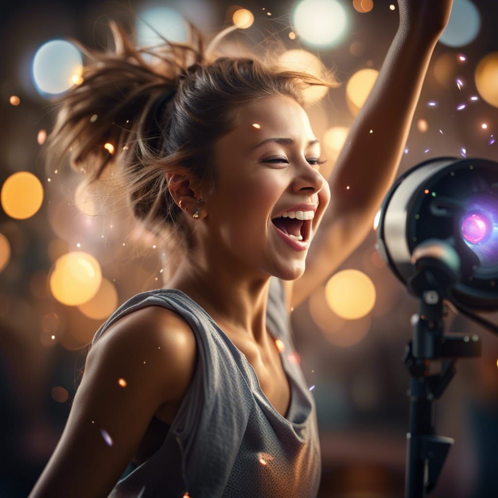 Happy Girl Dancing to Music with Bokeh Effect