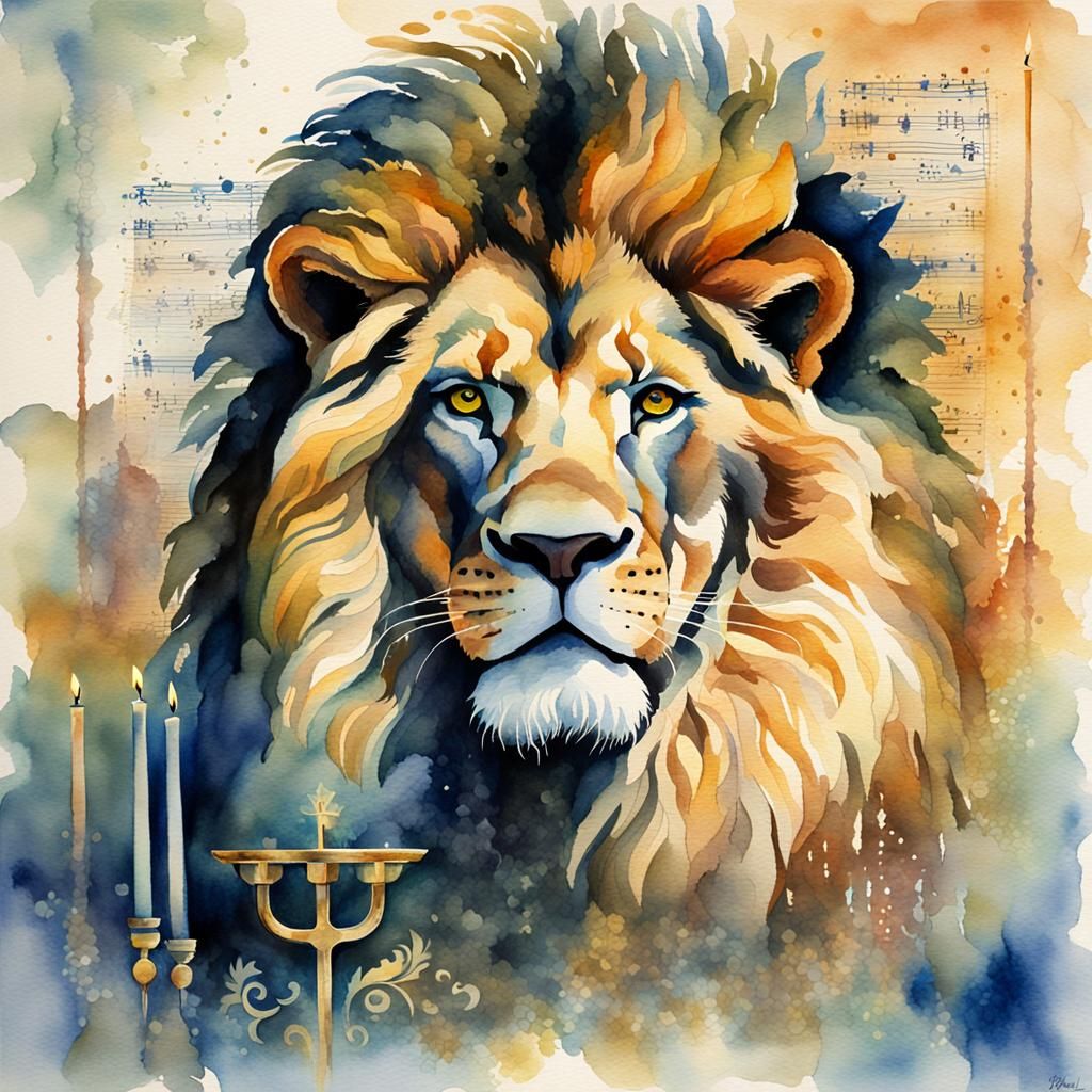Lion of Judah Watercolor with Menorah