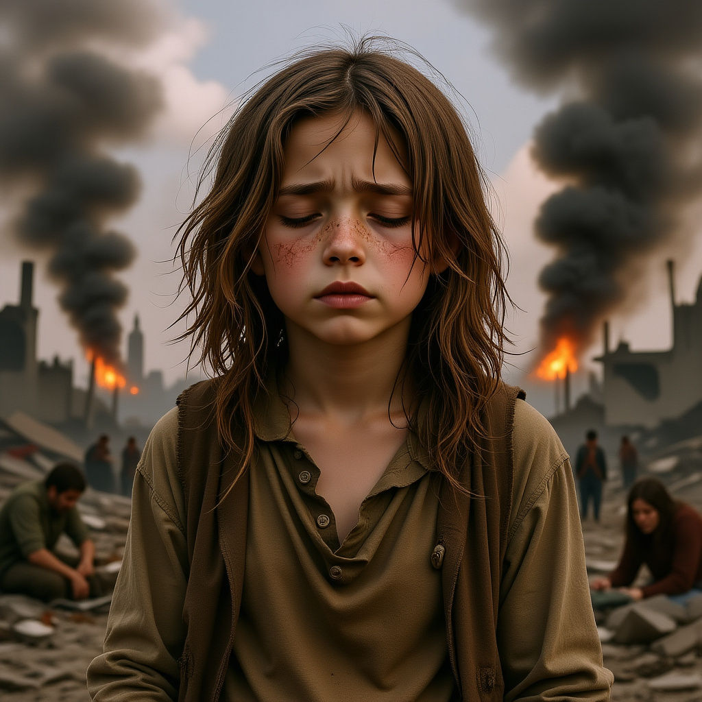 Sad Boy Amidst War-Torn Landscape