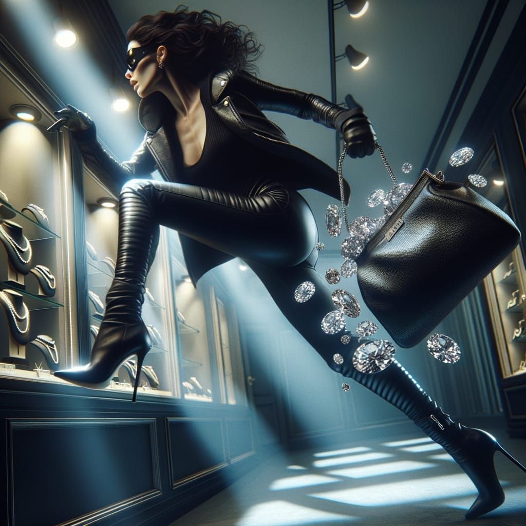 Daring Jewel Thief in Black Leather Jacket Executes Daring E...