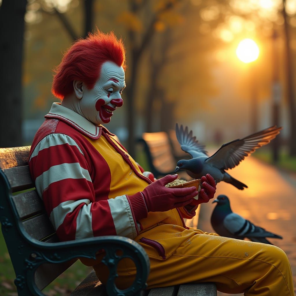 Retired Ronald McDonald Feeding Pigeons at Sunset