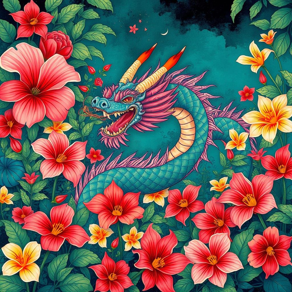 Vibrant Dragon Amidst Blooming Floral Paradise