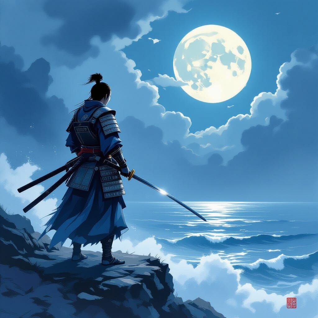 Samurai Warrior on Stormy Cliff Overlooking Sea
