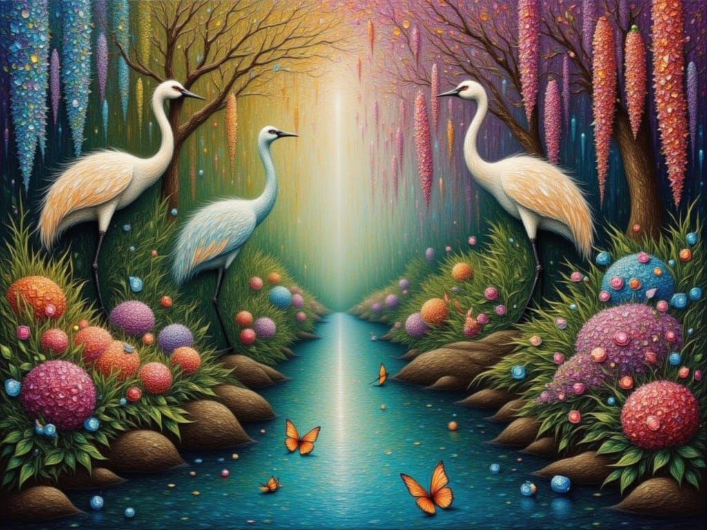 Dreamy Secret Garden with Cranes and Gemstones