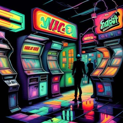 8-Bit Hero Emerges from Arcade Cabinet in Dark Mall
