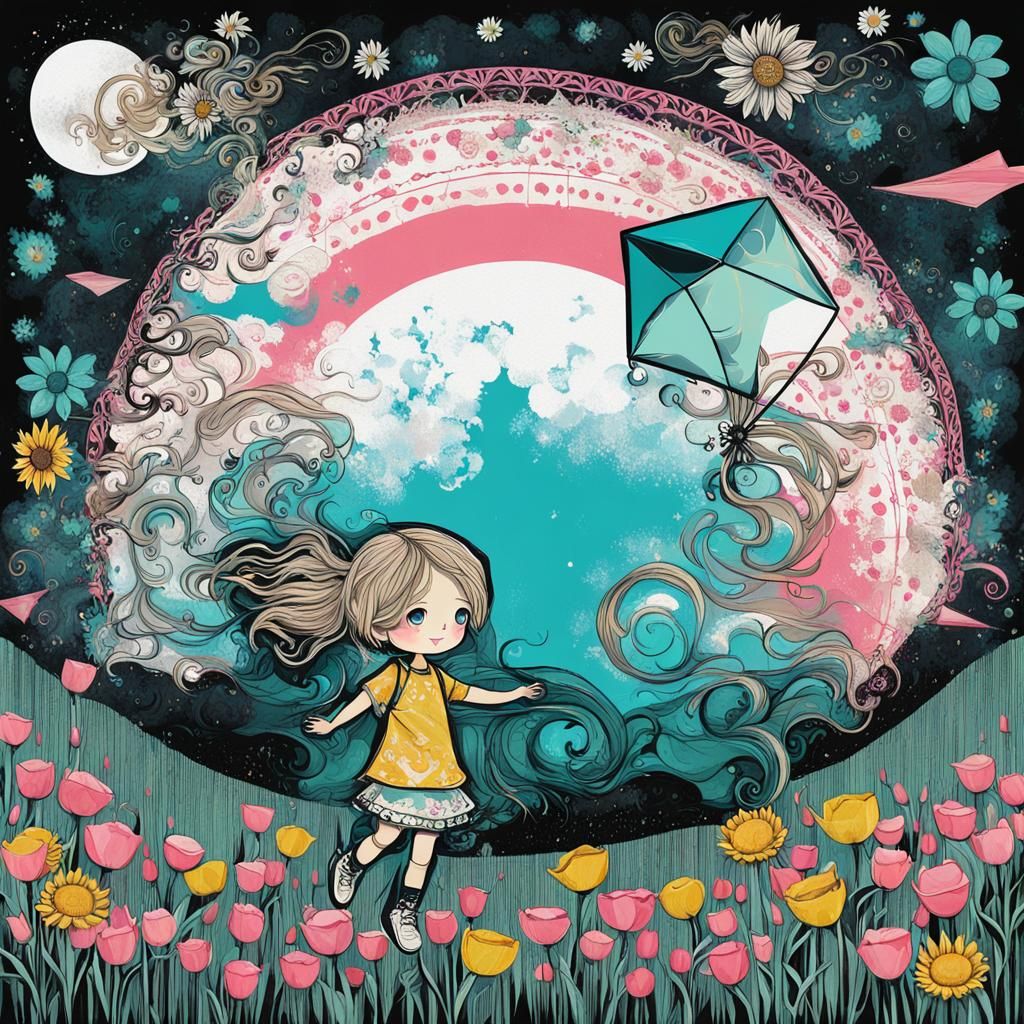 Fantasy Chibi Children Flying Kite: Mixed Media Digital Art