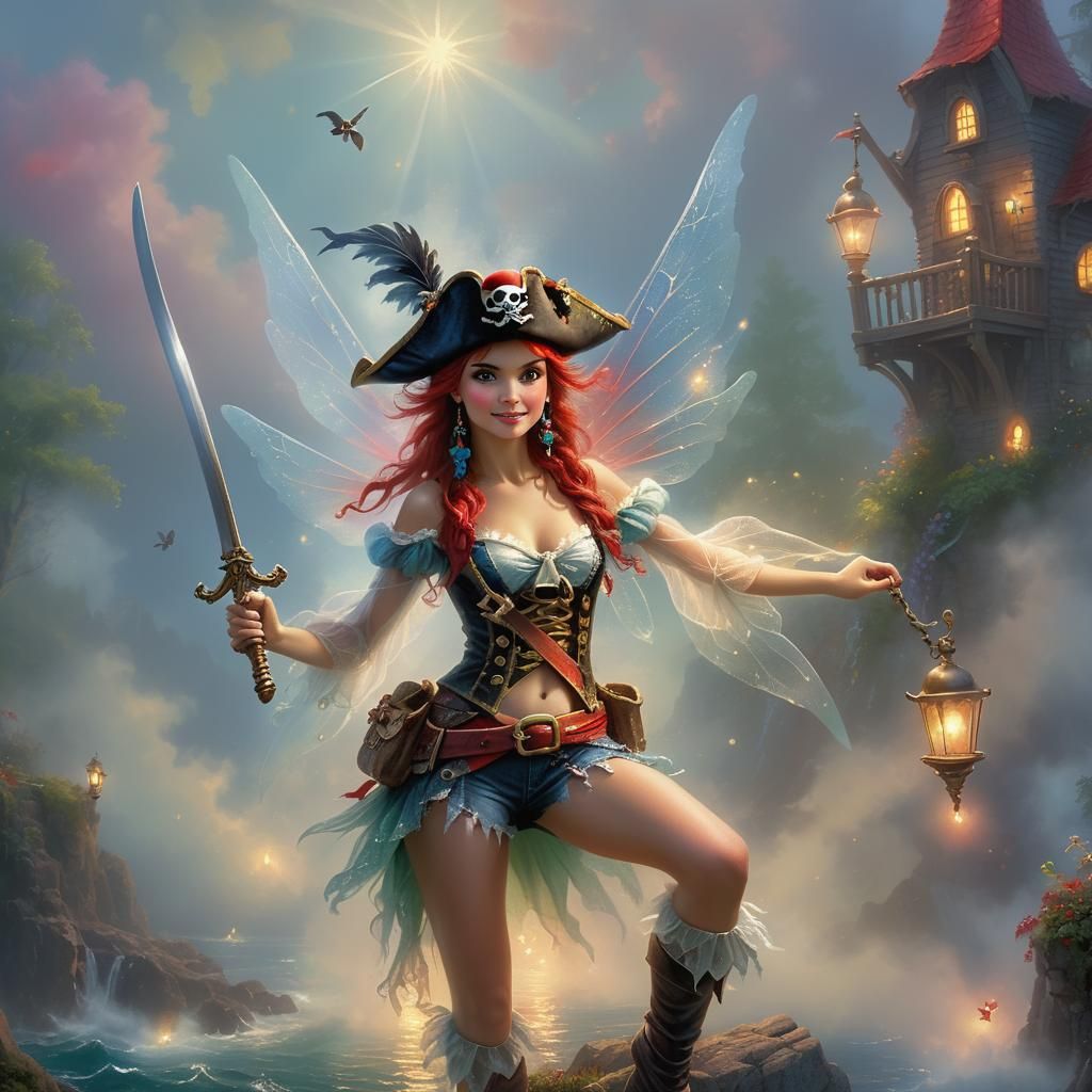 Pirate Fairy with Red Wings in Ethereal Style