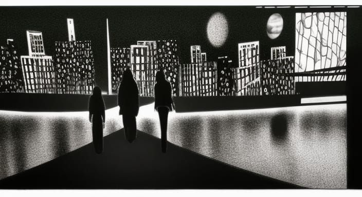 Silhouettes Walking on Bridge with Saturn, Abstract Fractal ...