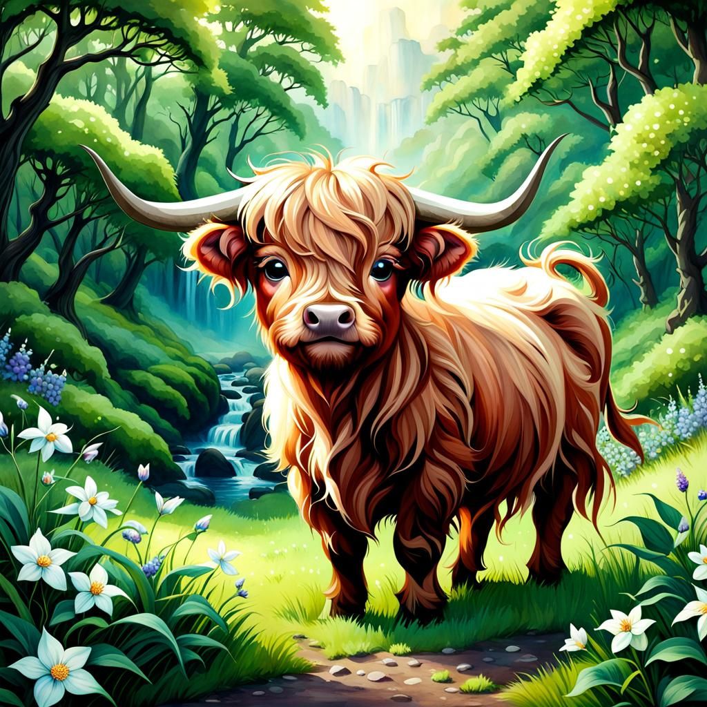 Chibi Highland Cow in Detailed Landscape