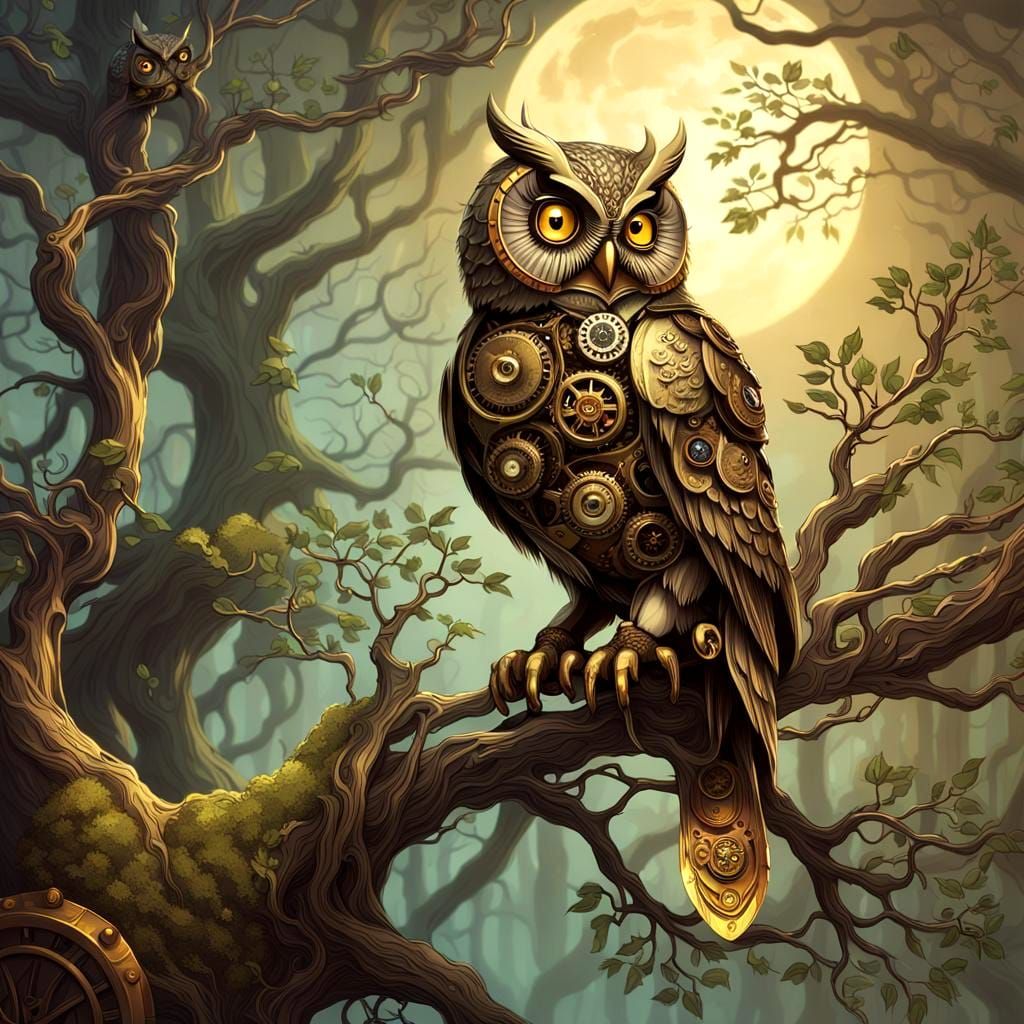 Clockwork Owl in Misty Forest, Steampunk Style