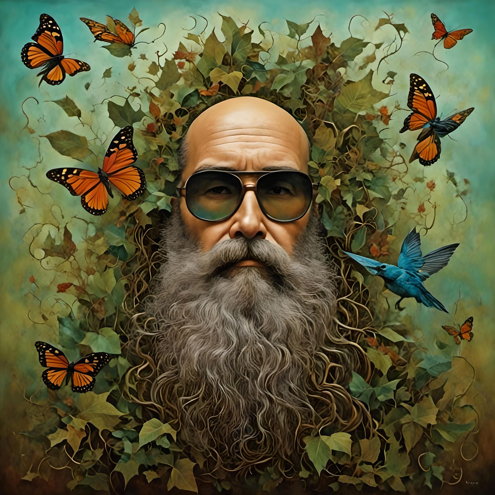 Pagan Man Watering Garden in Surreal Watercolour Style