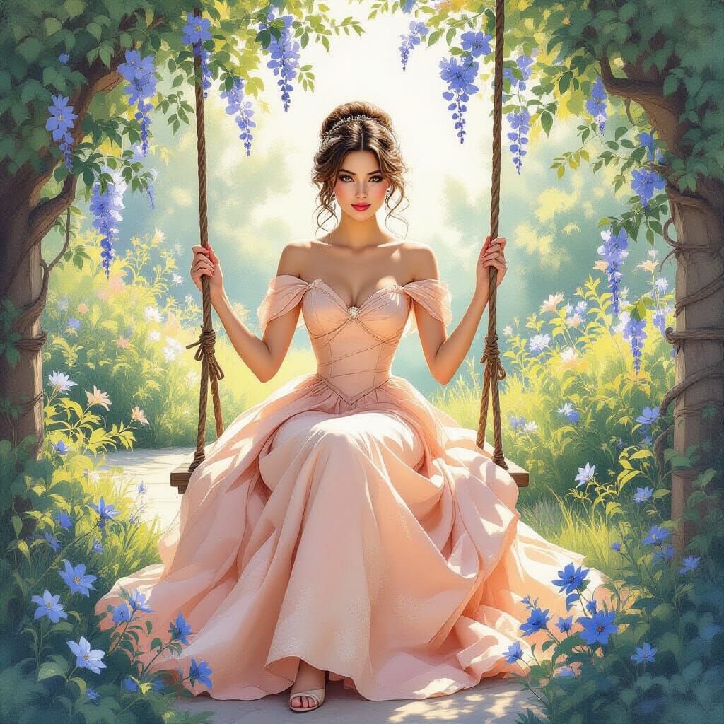 Elegant Lady on Swing in Lush Garden