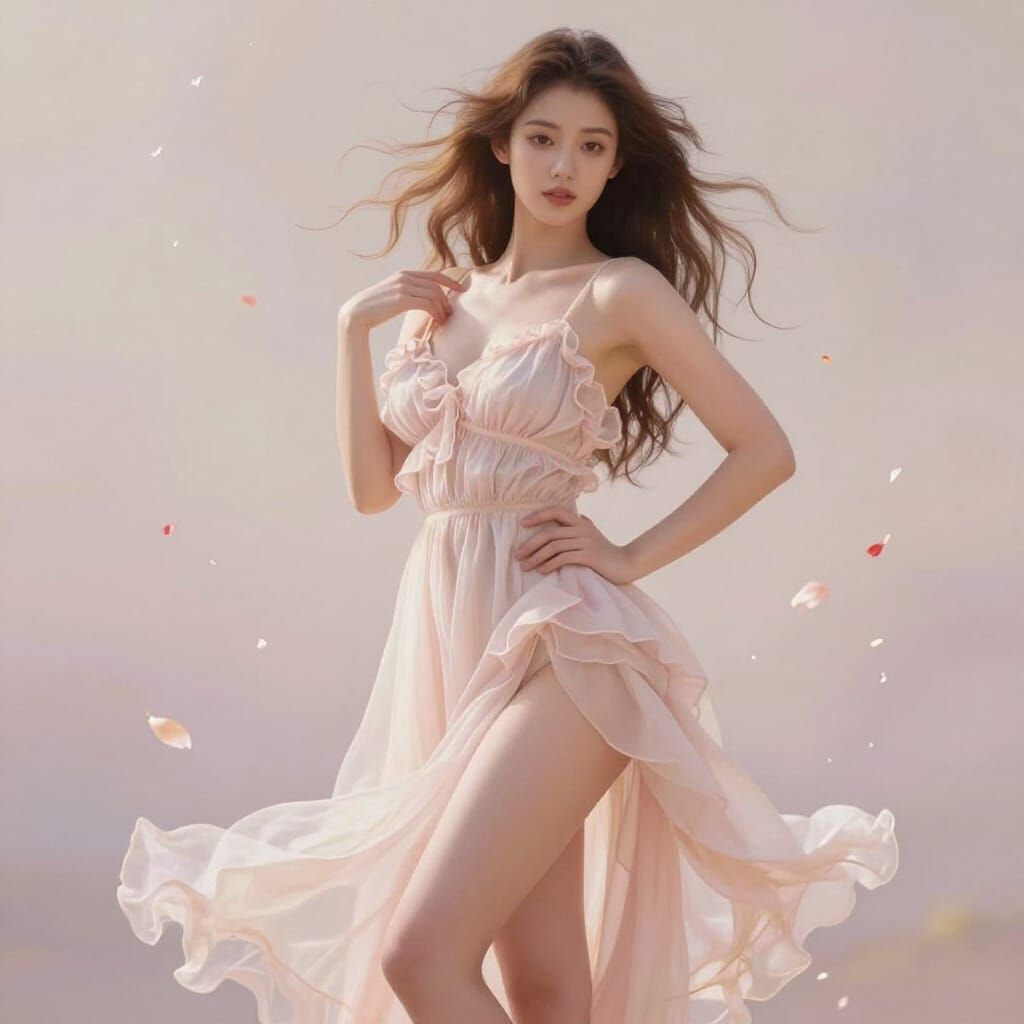Ethereal Woman in Frilly Dress Amidst Flower Petals