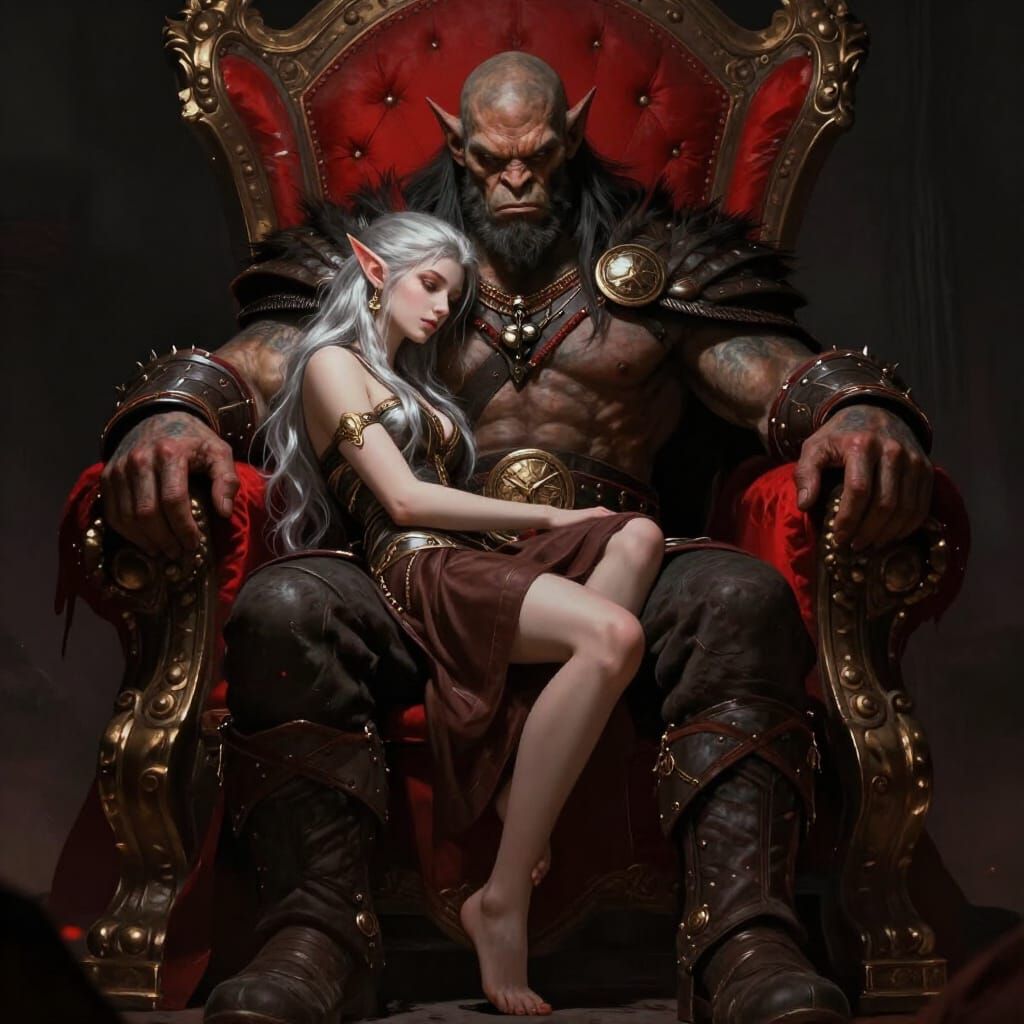 Orc Warlord Cuddles Elfman on Red Throne