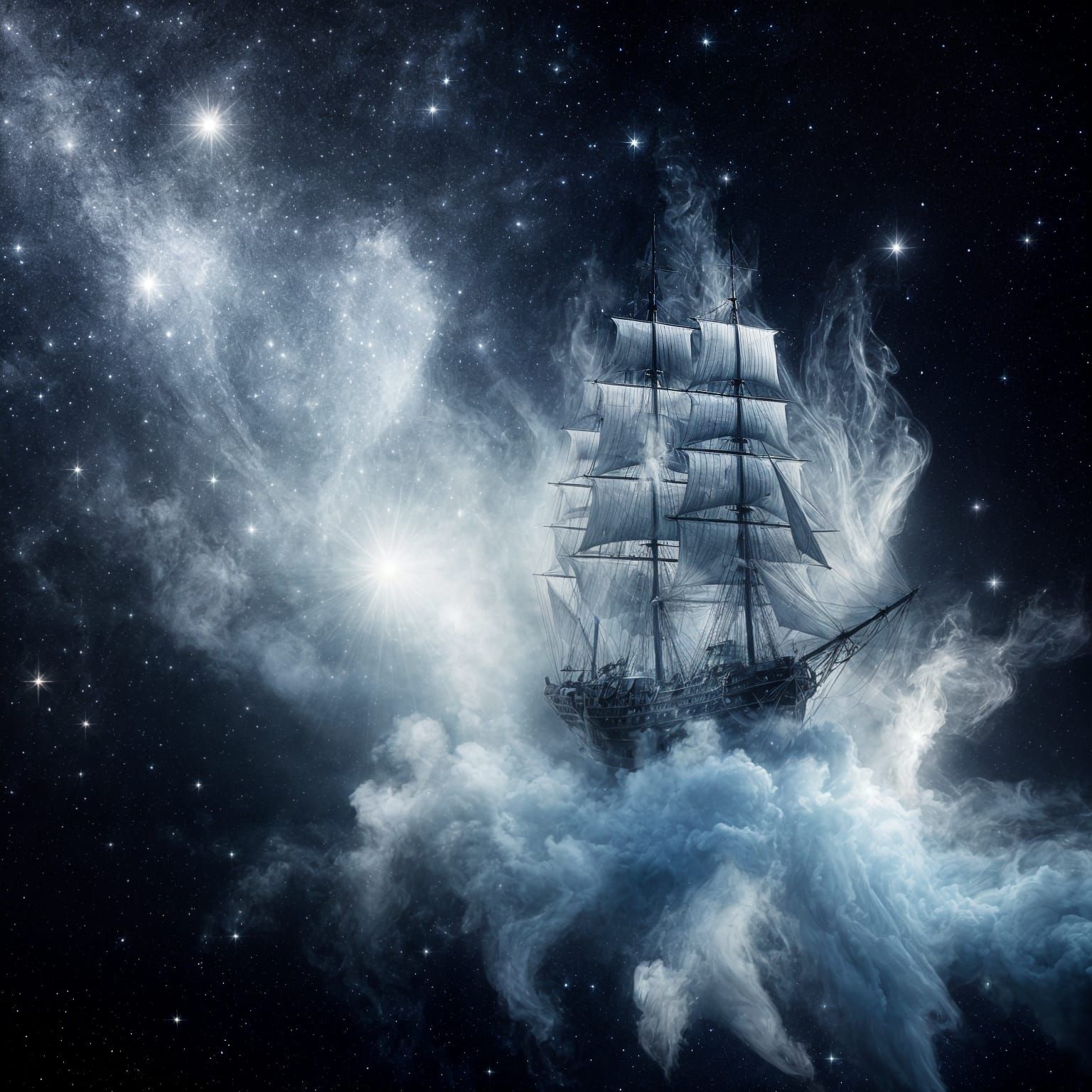 Ethereal Ghost Ship Soaring Through Starry Night