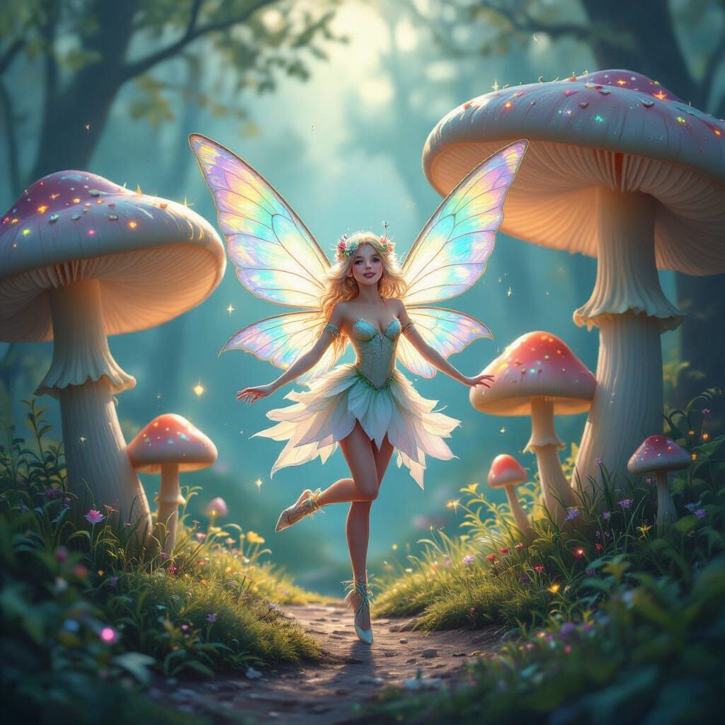 Ethereal Fairy Dancing Under Glowing Mushrooms at Dawn