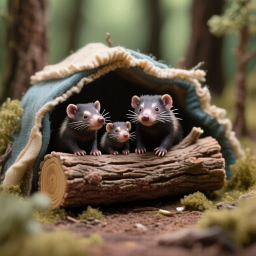 Tasmanian Devils in a Miniature Log Diorama