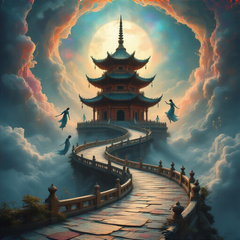 Dreamcore Pagoda on Infinite Path with Ethereal Figures