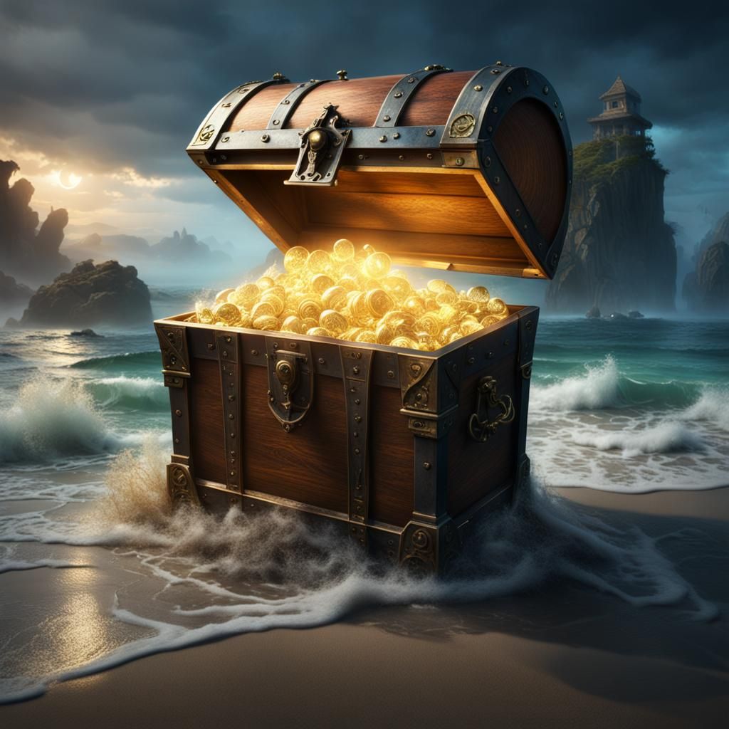Open Treasure Chest on Shore in Detailed Matte Painting