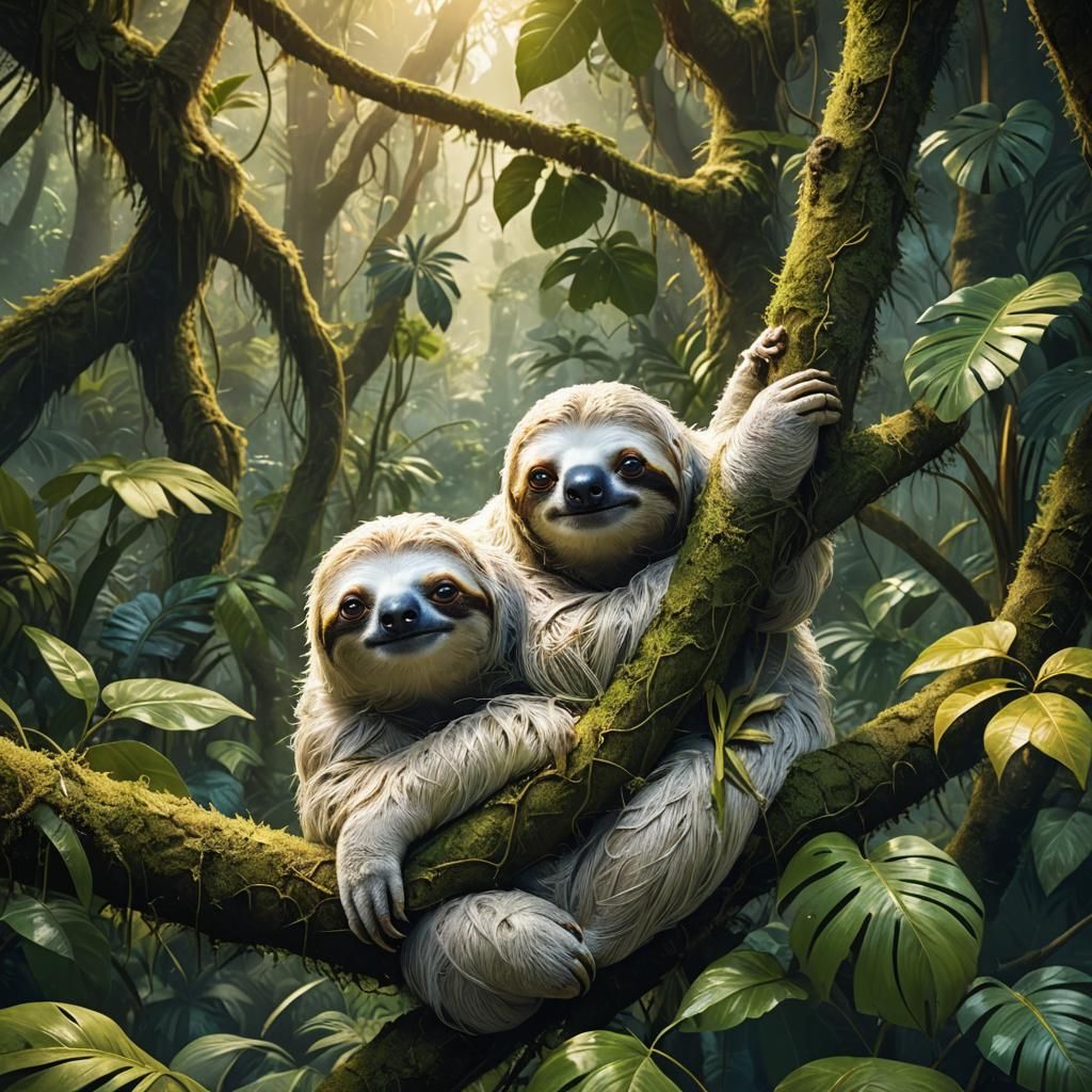 White Sloth in Lush Jungle: Fantasy Matte Painting