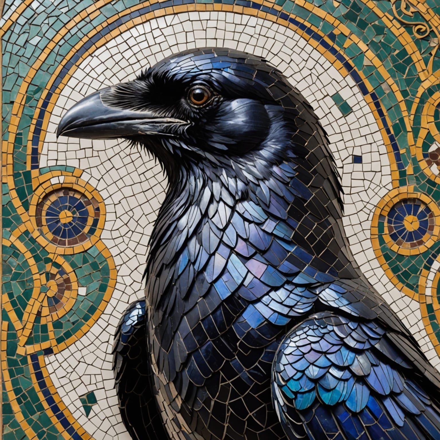 Mosaic Raven Portrait Covers Wall in Dark Beauty