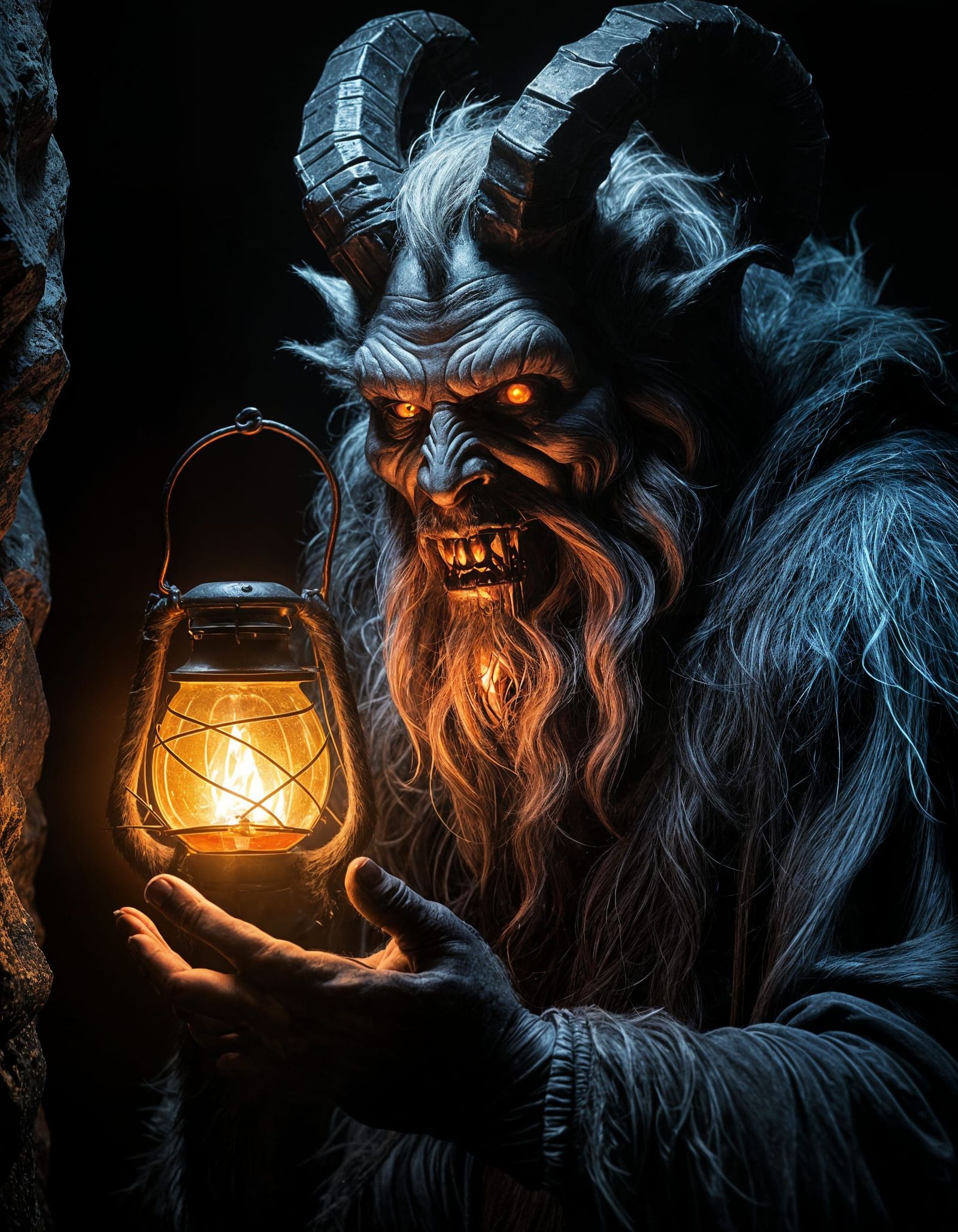 Krampus Demon Face in Dark Cave with Lantern