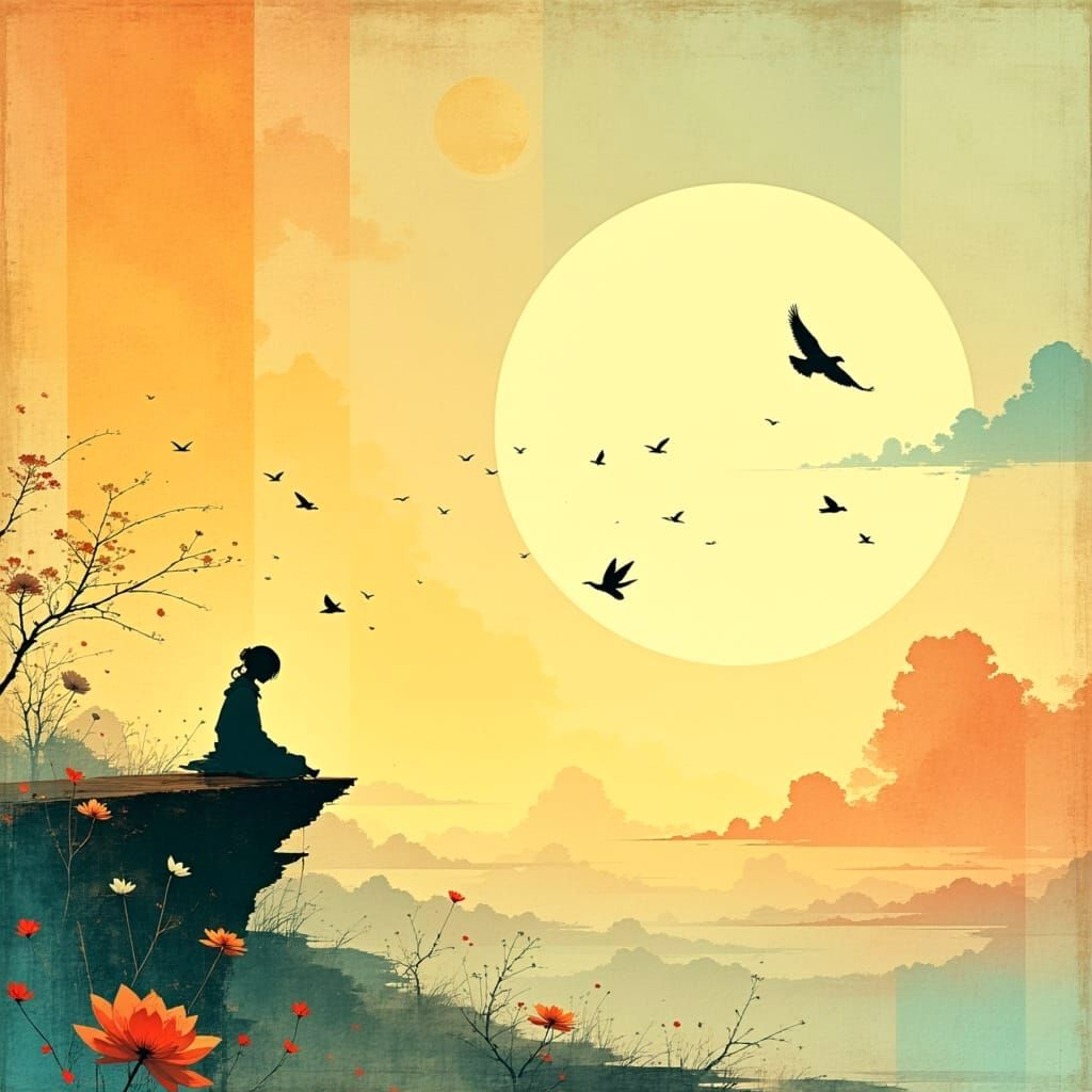 Surreal Pastel Sunset with Flowers, Birds, and Moon in a Pun...