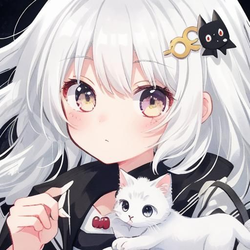 Girl with Kitten in Anime Style