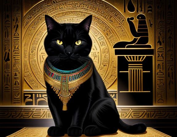 Regal Black Cat in Ancient Egyptian Art Style