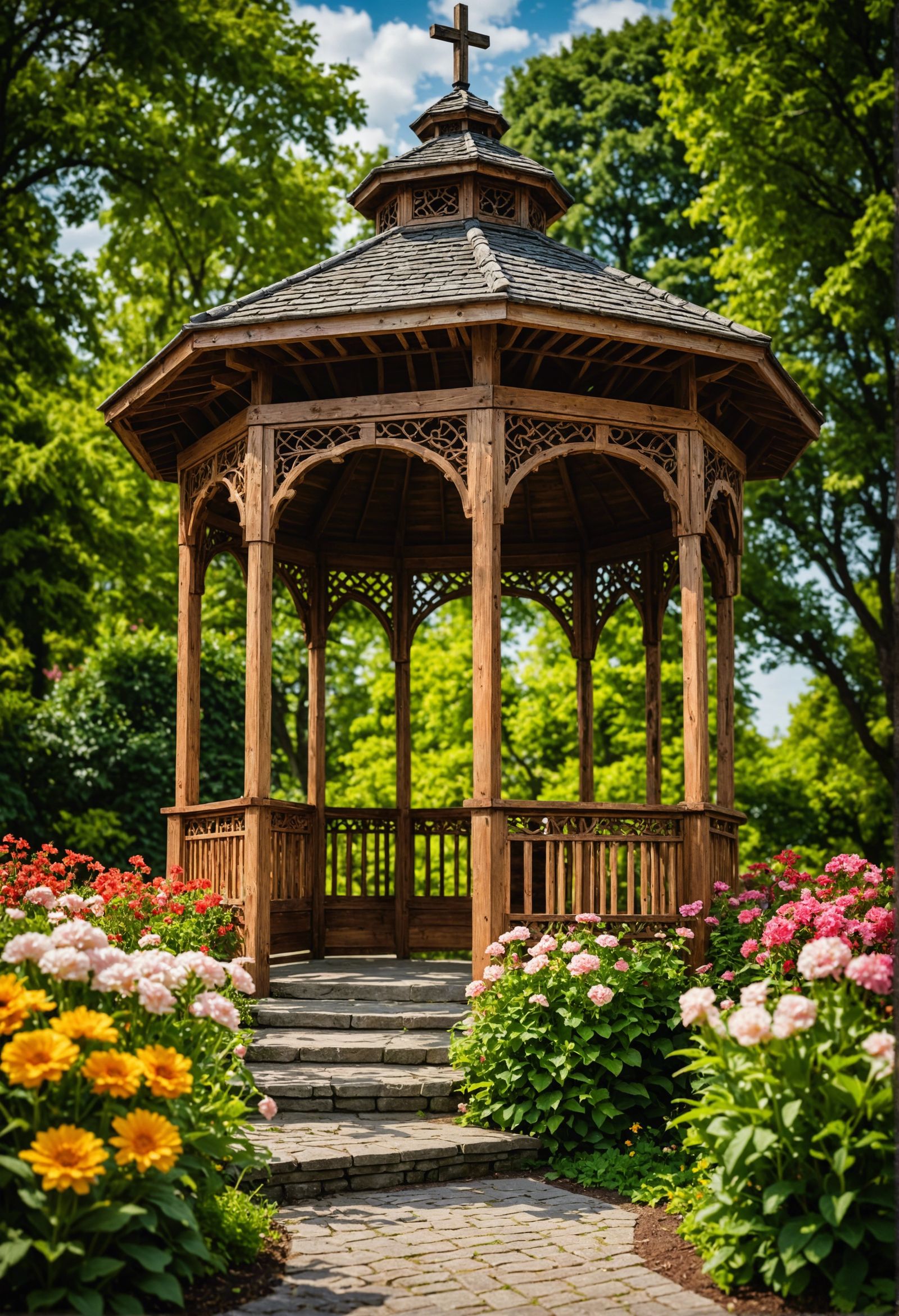 Gazebo with Cross in Hyperrealistic Garden Park