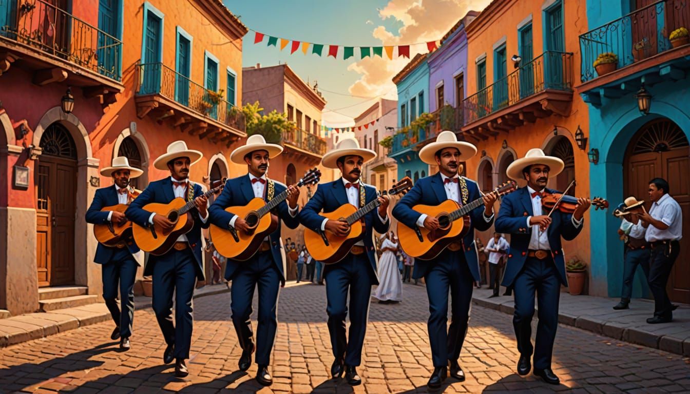 Vibrant Fauvist-Inspired Mariachi Band in Lively Mexican Pla...
